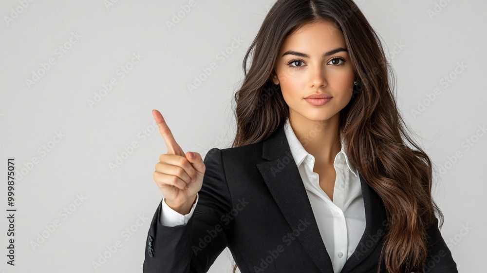 Aufkleber a businesswoman in a formal suit pointing to the side with her index finger raised and a serious exp