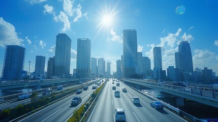 Fototapeta premium highway transportation and the high-rise building under the blue sky. 