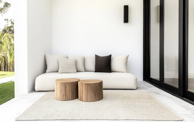 Cozy minimalist seating area featuring light-colored sofa and wooden tables in a modern outdoor space during the day
