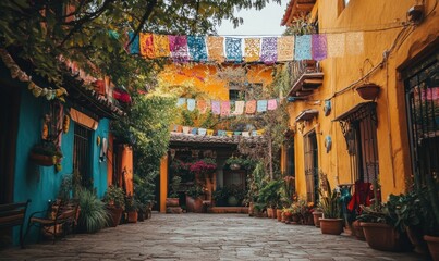 Fototapeta premium Colorful Mexican Courtyard with Vibrant Banners