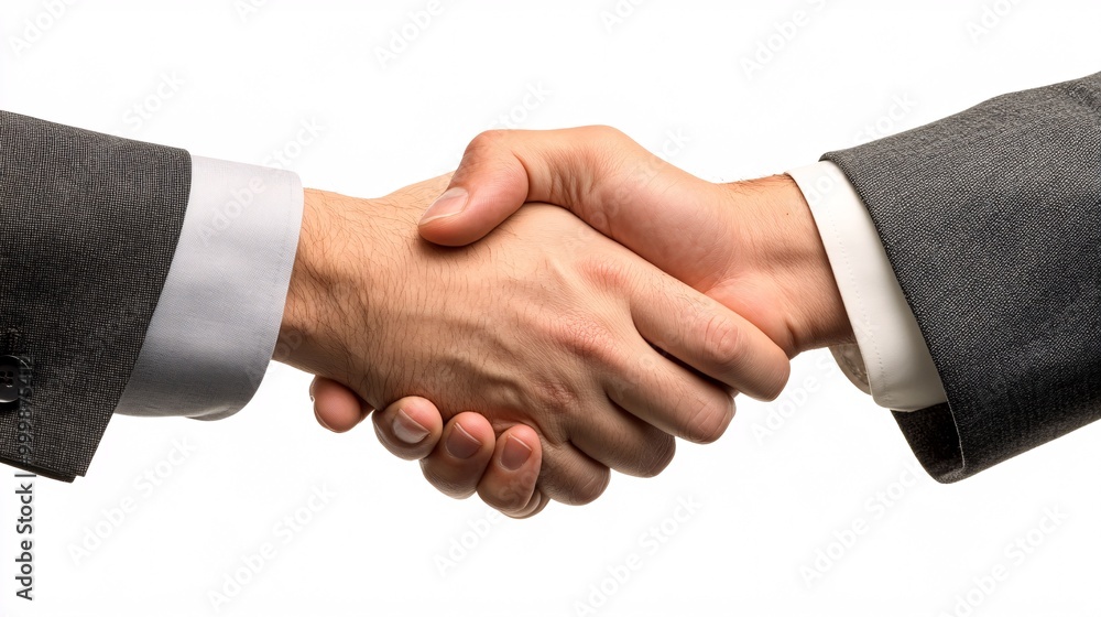 Poster two business professionals in suits shaking hands firmly representing a formal business agreement is