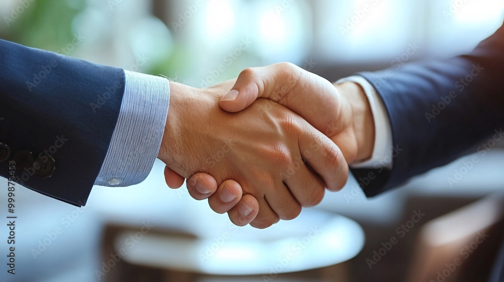 Poster two business professionals in suits shaking hands firmly representing a formal business agreement is