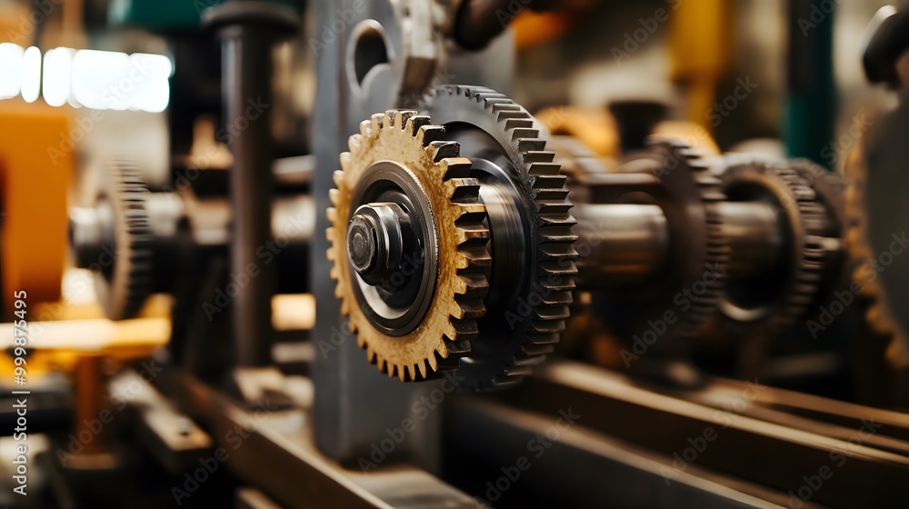 Poster a machine with gears and a yellow light. the machine is in a factory. the machine is made of metal