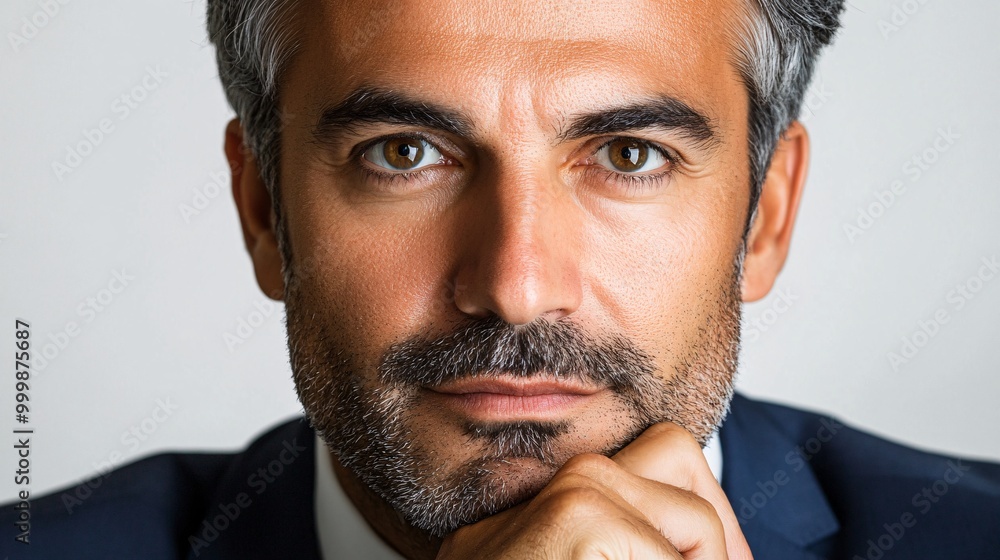 Poster A businessperson with a thoughtful expression resting their hand on their chin as if analyzing a problem or idea isolated on a white background Large space for text in center Stock Photo with copy