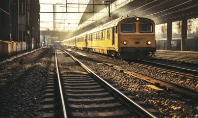 Naklejka premium Train on Tracks in Sunset Light