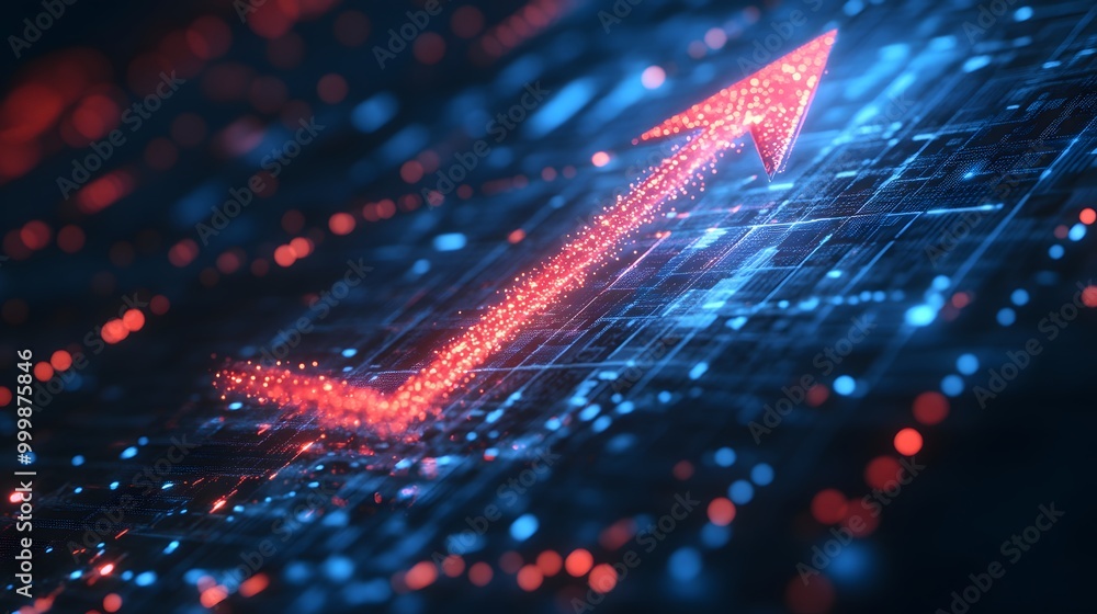 Poster a graph with a red line and orange tip showing a rising line. the graph is blue and orange, with the