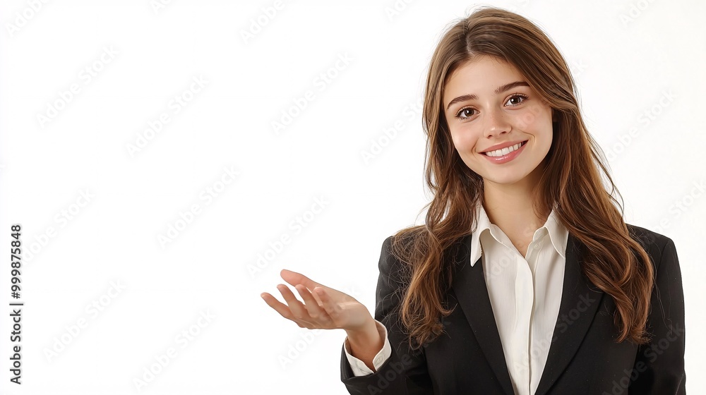 Poster a female business leader holding one hand out to the side in a welcoming gesture with a confident sm
