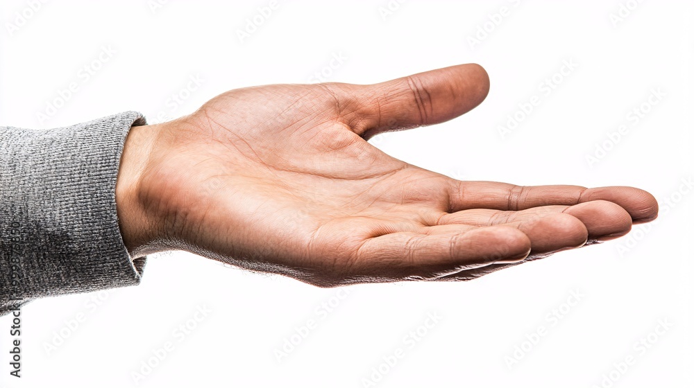 Poster A business professional presenting with one hand extended forward as if introducing a product or service isolated on a white background Large space for text in center Stock Photo with copy space