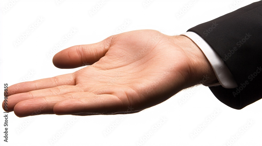 Aufkleber A business professional presenting with one hand extended forward as if introducing a product or service isolated on a white background Large space for text in center Stock Photo with copy space