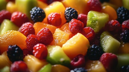 A vibrant mix of fresh fruits, including raspberries, blackberries, and melons, showcasing a colorful and healthy summer treat.