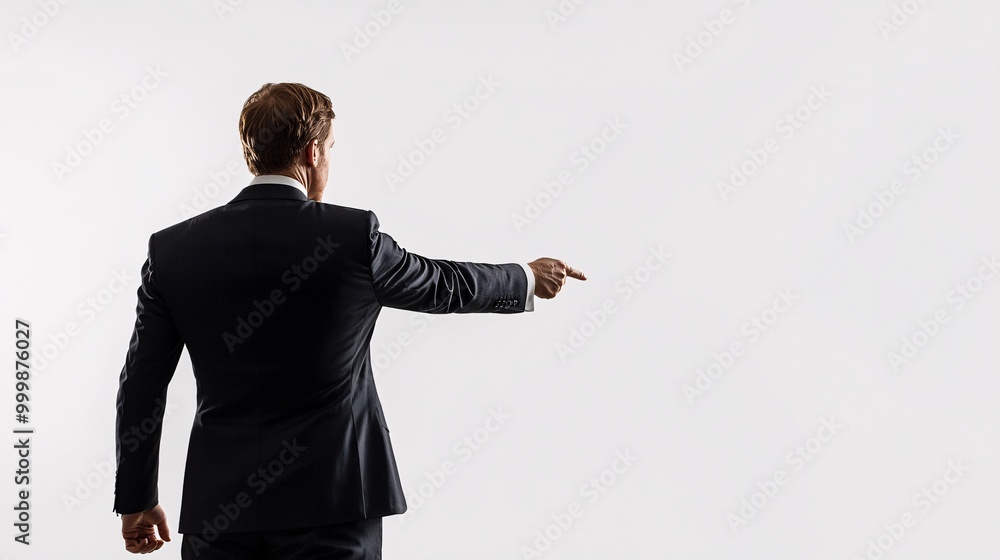 Poster A businessperson in a suit pointing to the right with focus and purpose as if directing attention to key content isolated on a white background Large space for text in center Stock Photo with copy