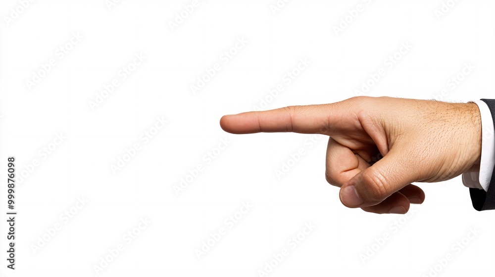 Aufkleber A businessperson in a suit pointing to the right with focus and purpose as if directing attention to key content isolated on a white background Large space for text in center Stock Photo with copy