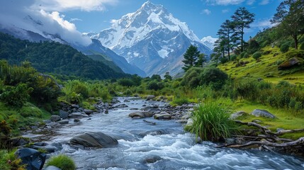 Himalayan Mountains with valley river and prayers  © Arifin Studio