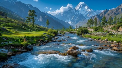 Himalayan Mountains with valley river and prayers 