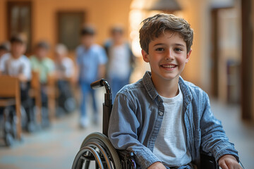 Smiling Boy in Wheelchair at School: Inclusivity and Opportunity