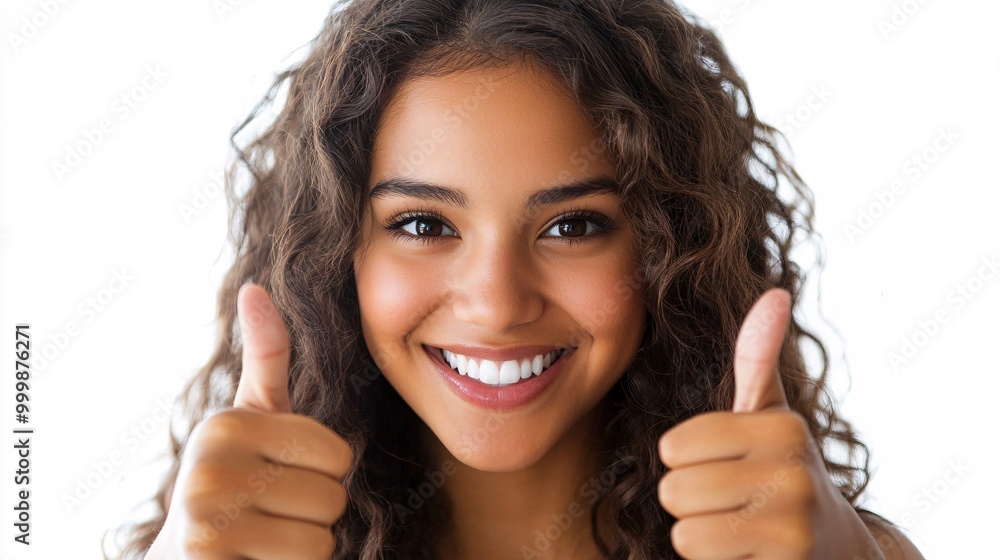 Poster a smiling female professional giving a thumbs up with enthusiasm representing positive outcomes and 