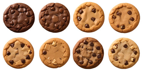 Obraz premium Four different types of cookies - a chocolate cookie, a chocolate chip cookie, a pecan cookie, and a peanut butter cookie with a Transparent Background