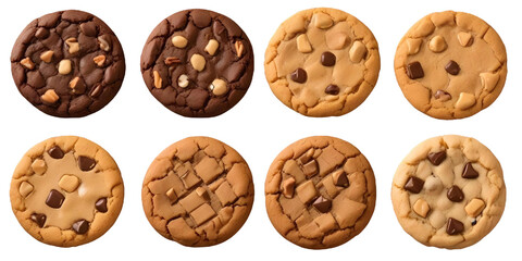 Obraz premium Four different types of cookies - a chocolate cookie, a chocolate chip cookie, a pecan cookie, and a peanut butter cookie with a Transparent Background