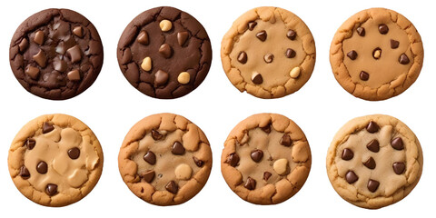 Obraz premium Four different types of cookies - a chocolate cookie, a chocolate chip cookie, a pecan cookie, and a peanut butter cookie with a Transparent Background