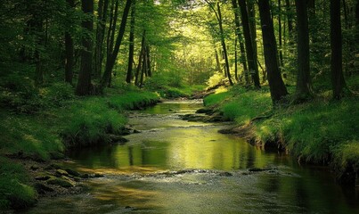 Fototapeta premium Serene forest stream illuminated by sunlight