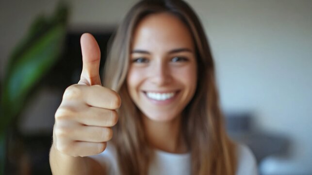A smiling female professional giving a thumbs up with enthusiasm representing positive outcomes and encouragement isolated on a white background Large space for text in center Stock Photo with copy