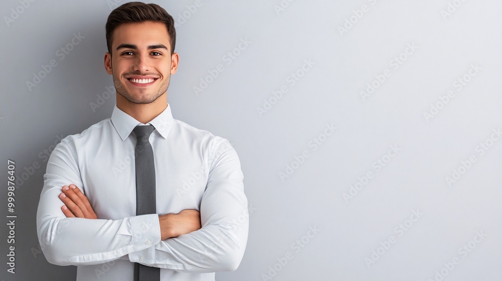Poster A confident businessman with arms crossed and a slight smile representing professionalism and credibility isolated on a white background Large space for text in center Stock Photo with copy space