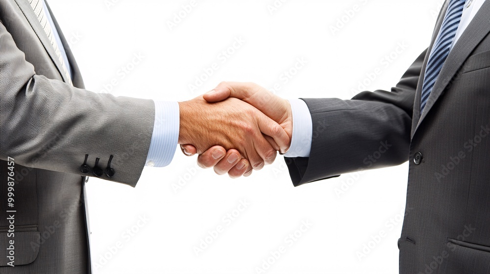 Poster two executives shaking hands with a warm smile as if sealing a successful business deal isolated on 