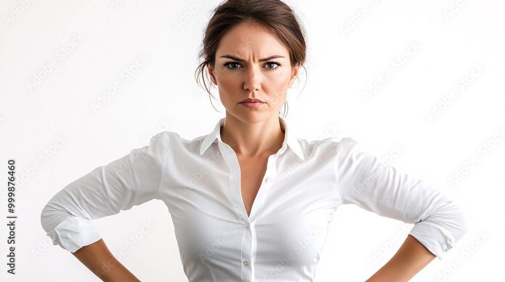 Poster A female manager standing with hands on hips and a determined look expressing leadership and determination isolated on a white background Large space for text in center Stock Photo with copy space