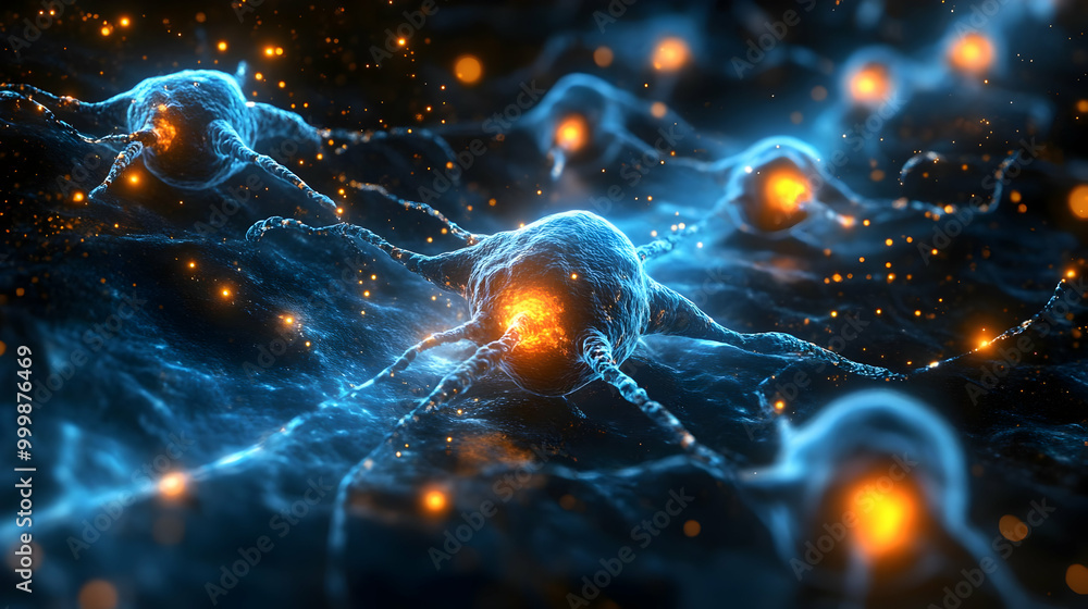 Poster microscopic view of a neuron network glowing with light