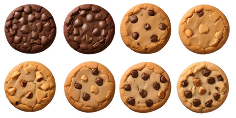 Fototapeta premium Four different types of cookies - a chocolate cookie, a chocolate chip cookie, a pecan cookie, and a peanut butter cookie with a Transparent Background