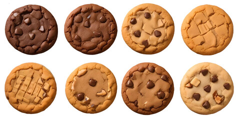 Fototapeta premium Four different types of cookies - a chocolate cookie, a chocolate chip cookie, a pecan cookie, and a peanut butter cookie with a Transparent Background