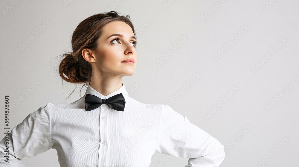 Poster A female manager standing with hands on hips and a determined look expressing leadership and determination isolated on a white background Large space for text in center Stock Photo with copy space