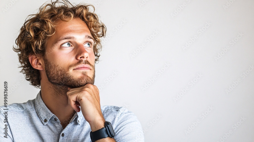 Aufkleber A professional model looking pensive with hand on chin reflecting deep thought and problem-solving isolated on a white background Large space for text in center Stock Photo with copy space