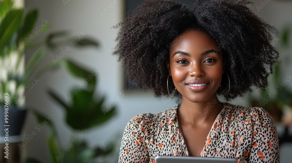 Poster a businesswoman holding a tablet and making a confident presentation gesture showing mastery of digi