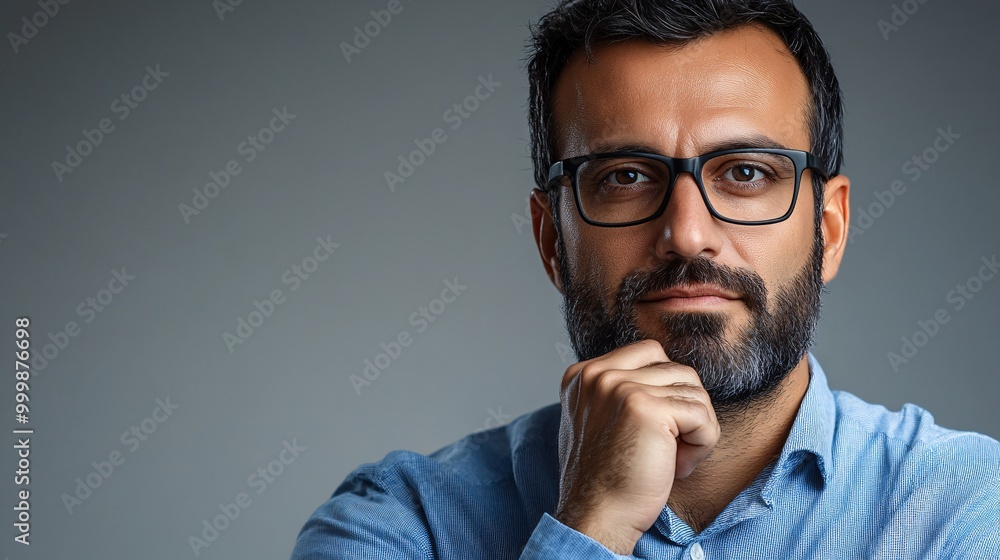 Poster A professional model looking pensive with hand on chin reflecting deep thought and problem-solving isolated on a white background Large space for text in center Stock Photo with copy space