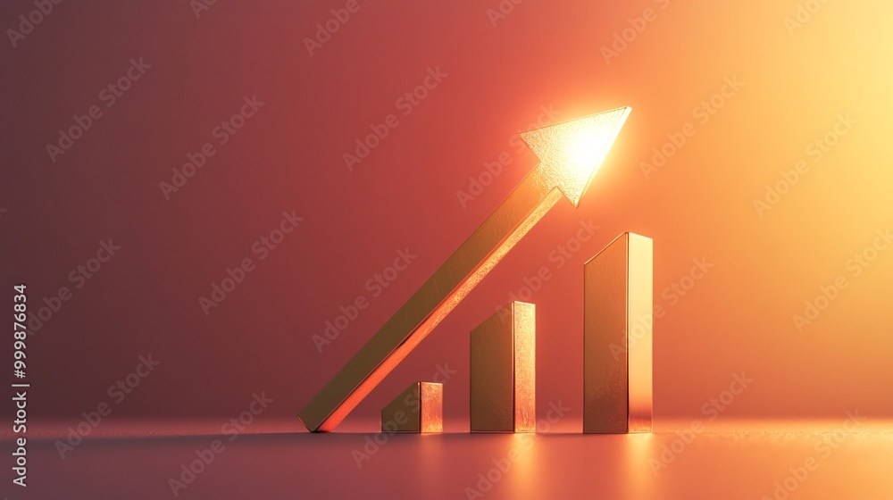 Aufkleber Golden 3D arrow pointing upwards with a subtle glow representing business growth and success isolated on a soft gradient background Large space for text in center Stock Photo with copy space