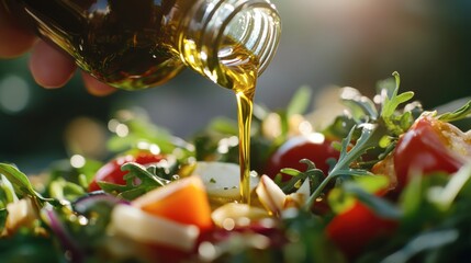 Fresh salad being drizzled with olive oil, showcasing vibrant vegetables and a hand pouring the oil for added flavor.