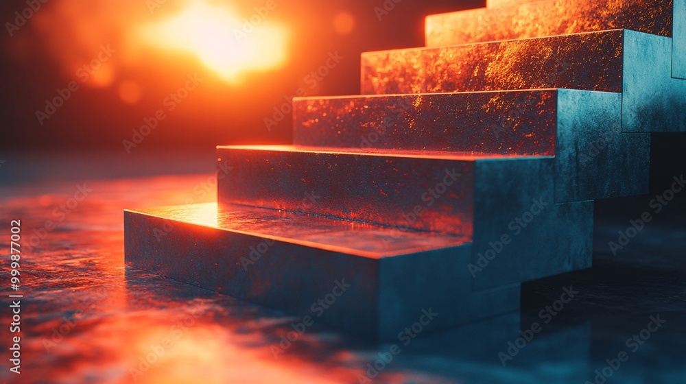 Poster Abstract 3D staircase made of metallic cubes ascending towards a bright light symbolizing career advancement and achieving life goals Large space for text in center Stock Photo with copy space
