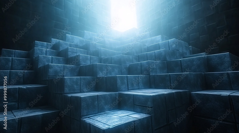 Leinwandbilder abstract 3d staircase made of metallic cubes ascending towards a bright light symbolizing career adv