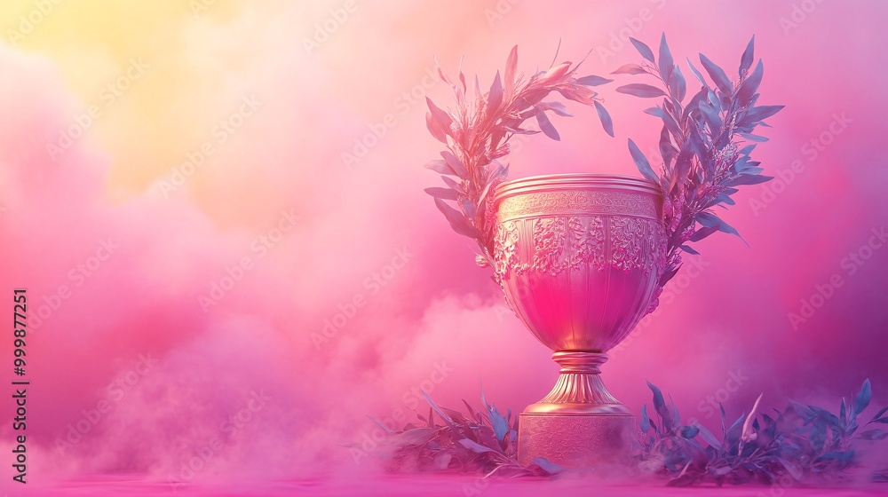Poster 3D golden trophy with laurel wreaths floating in the air representing success and achievement in business and life isolated on a soft gradient background Large space for text in center Stock Photo
