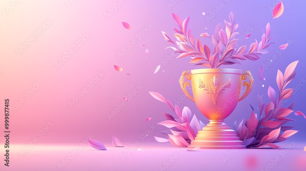 Poster 3D golden trophy with laurel wreaths floating in the air representing success and achievement in business and life isolated on a soft gradient background Large space for text in center Stock Photo