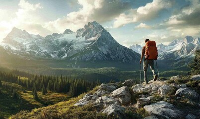 Obraz premium Hiker with Backpack Overlooking Mountains