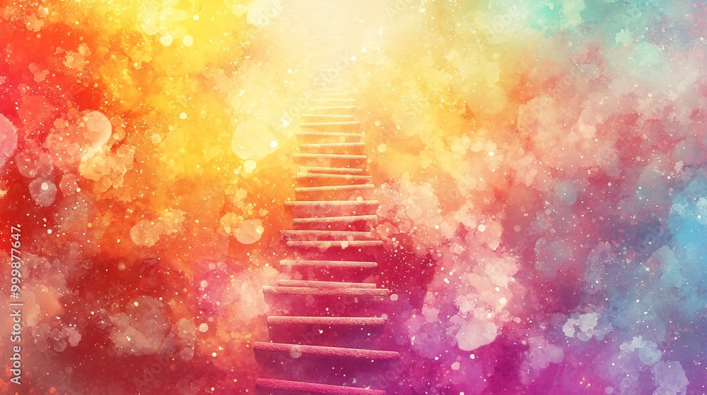 Poster Abstract 3D ladder structure leading upwards through a vibrant background symbolizing the path to success and self-development Large space for text in center Stock Photo with copy space