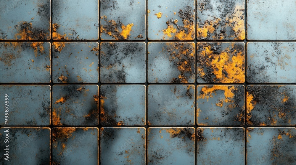 Poster a textured wall of square tiles with oxidized patches of gold
