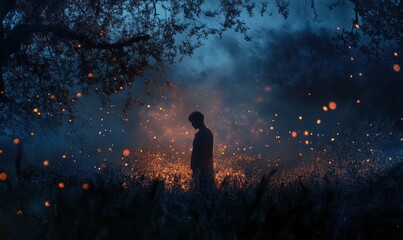 Mystical silhouette in enchanted forest at night