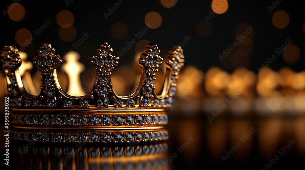 Poster golden 3d crown symbol hovering over a reflective surface representing leadership and supreme achiev