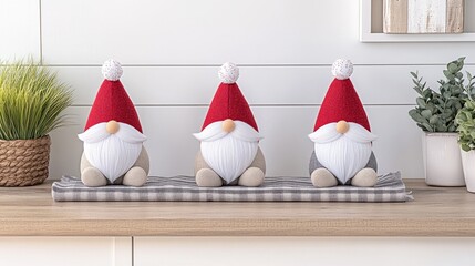 Fototapeta premium Charming Christmas gnomes with white beards and sparkling red hats on a lovely plaid cloth in a sunlit room setting