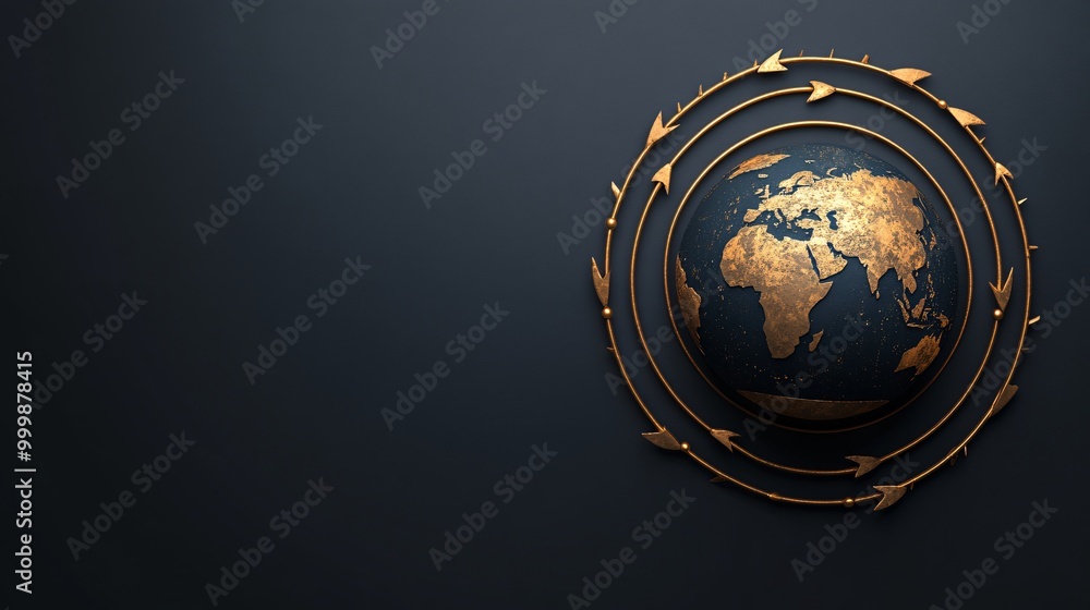 Poster 3D-rendered globe with golden arrows circling around symbolizing global business success and international expansion Large space for text in center Stock Photo with copy space