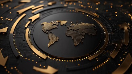 3D-rendered globe with golden arrows circling around symbolizing global business success and international expansion Large space for text in center Stock Photo with copy space