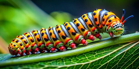 Naklejka premium Big Scary Caterpillar on a Leaf, Nature's Unusual Insect with Bright Colors and Striking Features
